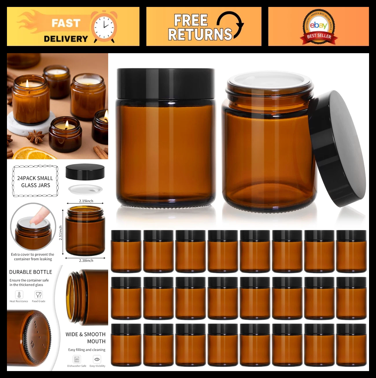 24 Pack 4oz Amber Glass Jars with Black Lids - Empty Cosmetic Containers for Lot