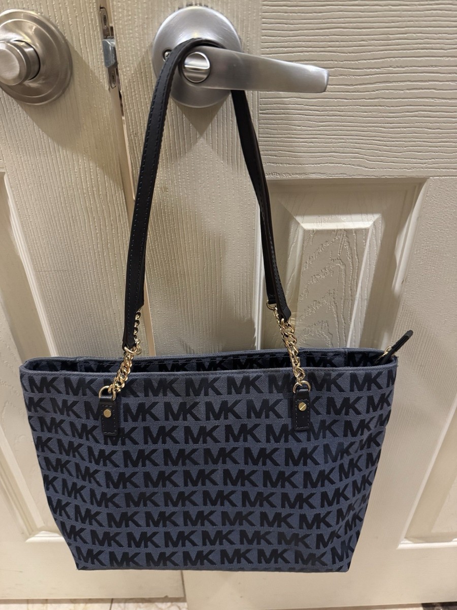 Michael Kors Large Signature Logo Navy Blue Canvas Tote Shoulder