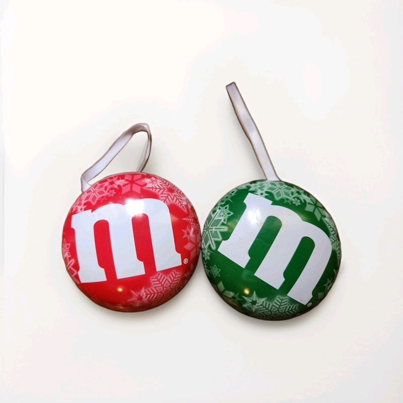 Vintage Tin M&M Christmas Ornaments Red & Green