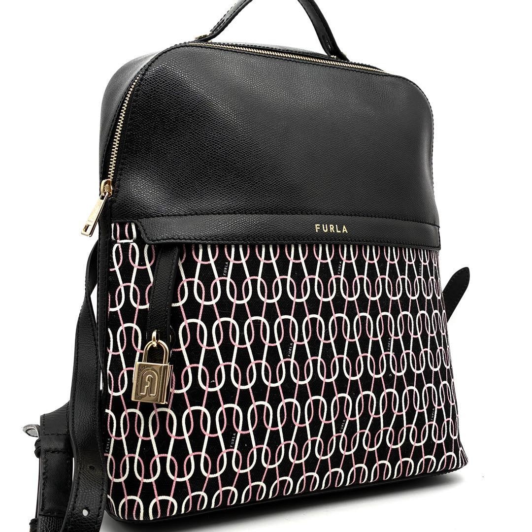 Furla Piper Backpack All Over Pattern Leather Bla… - image 1