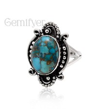 925 Sterling Silver Ring For Women Blue Copper Turquoise Gemstone Jewelry