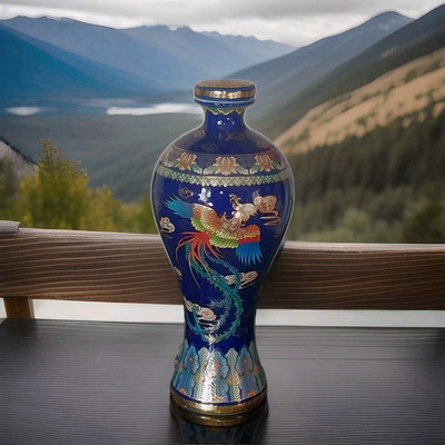 Gold Gilded Porcelain Enameled Blue 10'' Vase Gold Phoenix Hand Painted Signed
