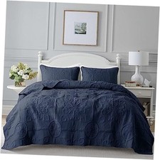 Damask Quilt Size Bedding Sets with 2 Pillow Shams, Boho King Navy Blue