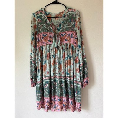 Blue Pink Floral Print Boho Long Sleeve V-Neck Tassel Dress Size Small
