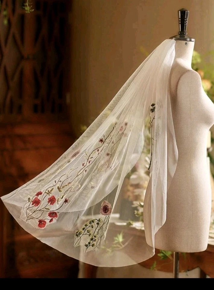 Bestickter Schleier Tüll-Schal Brautschleier Vintage Boho Stil Blumen - Bild 4 von 4