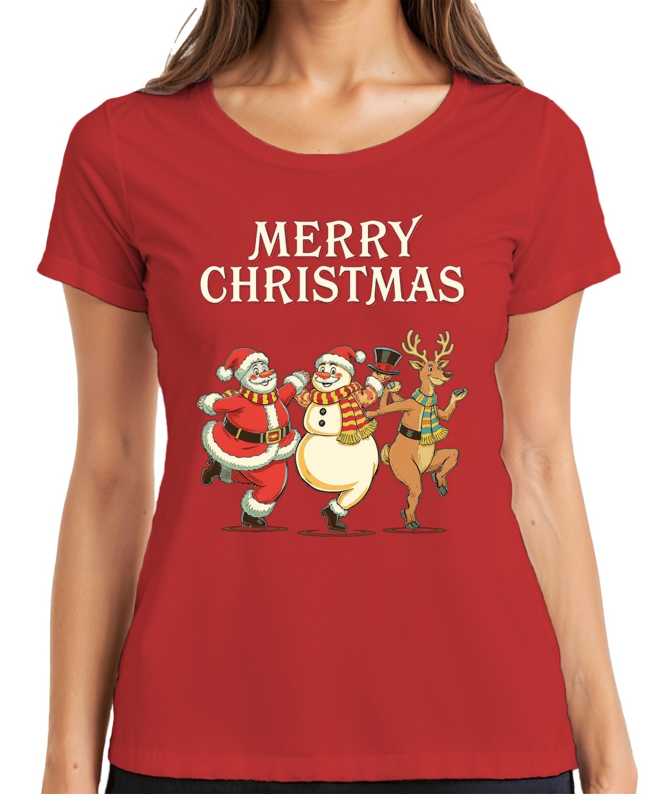 MERRY CHRISTMAS Santa Claus Snowman Reindeer Dancing Vintage Women's T-Shirt
