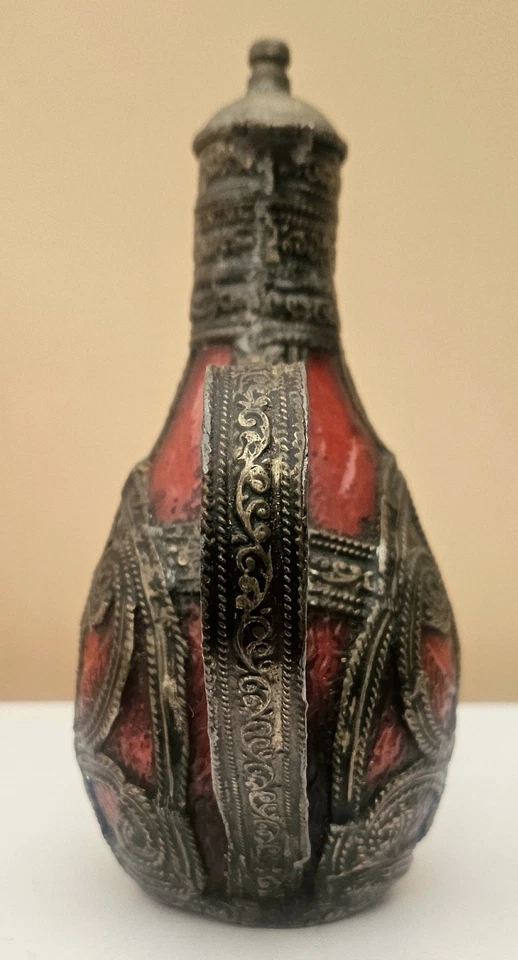 Vintage Red Cruet Bottle With Ornate Aluminum Holder - Image 2 of 4