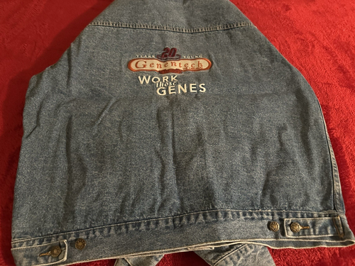 Genentech "WORK THOSE GENES" Jean Jacket RARE! Men XL Blue w/GREAT Embroidery! - Picture 3 of 18
