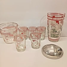 SET VTG Hazel Atlas Rooster Cocktail Shaker Ice & 5 Glasses RETRO BAR Chicken