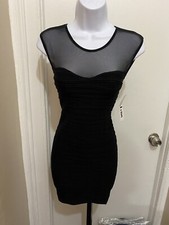 Hidden Lotus Dress Womens One Size Black Ruched Mesh Sleeveless Bodycon