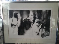 VINTAGE CHARCOAL DRAWING JAZZ BAND SIGNED BY ARTIST RAYMOND FRAMED UNDER GLASS