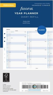 Filofax Personal Year Planner - Vertical layout Diary Refill - select ...