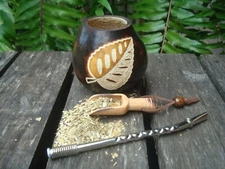 Mate Gourd Cup Hand Carved , Straw,  Mate,  Cleaning Brush, BONUS Spoon Yerba M