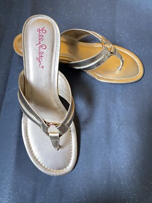 Lilly Pulitzer 40/41 McKim Zehentrenner Sandalen mit Keilabsatz Gold Leder