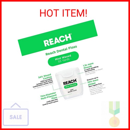 REACH Waxed Dental Floss, Mint - 6 Pack, 165 Ft Each - Shred Resistant, Plaque Remover