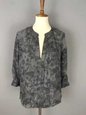 Joie Women's Gray 100% Silk Blouse Binny Top Size S Pleated Front 3/4 Sleeves