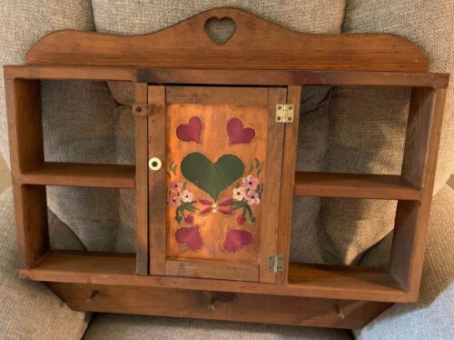 Vintage Wooden Heart-Cutout 6 Shelf Wood Wall Hanging w/ Cabinet Door & 3 Pegs