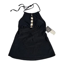 Salt Cove Juniors High Neck Strappy Tankini Top XS Black Gold Beads Padded NWT