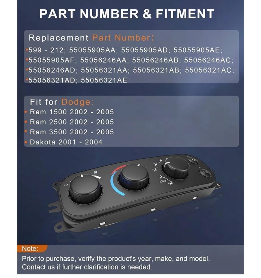 HVAC A/C Heater Control Module For 599-212 2002-2005 Dodge Ram 1500 2500 3500 - Image 2 of 4