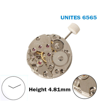 UNITAS 6565 Schweizer Handuhrwerk, 2 Zeiger, Höhe 4,81 mm, kleine Sekunde.