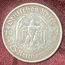 1934 A GERMAN Third Reich Silver WWII 5 Reichsmark Potsdam Garrison Church Coin