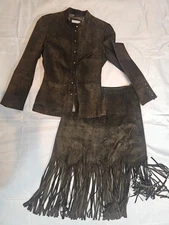 M&S Per Una Real Brown Suede Two Piece Suede Fringe Skirt &Blazer 10/12 (M)Used
