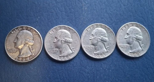 (4) Lot of 4 1964 Washington 25 cent Quarters 90% silver XF