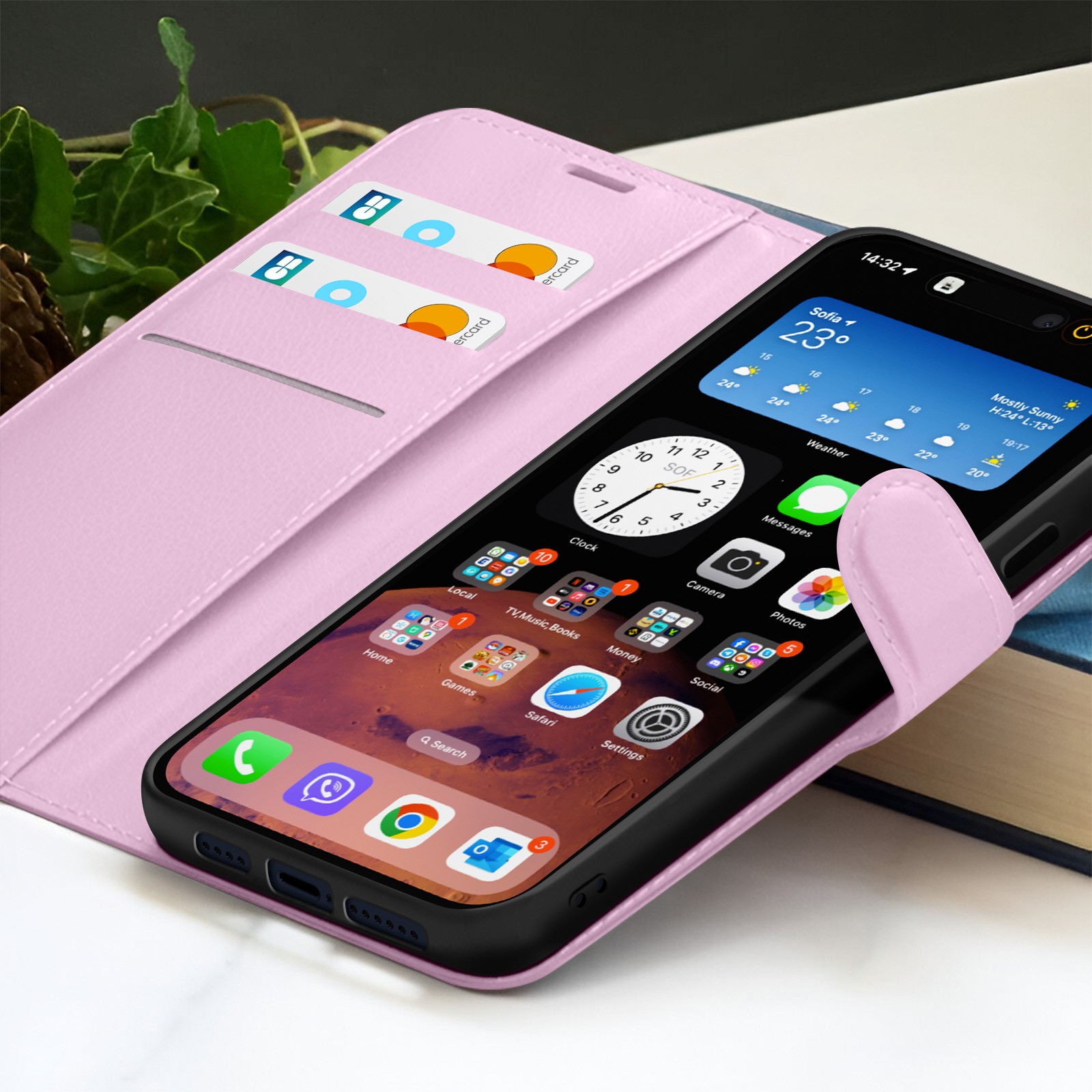 Housse iPhone 15 Pro rose anti-choc à rabat aimanté et support