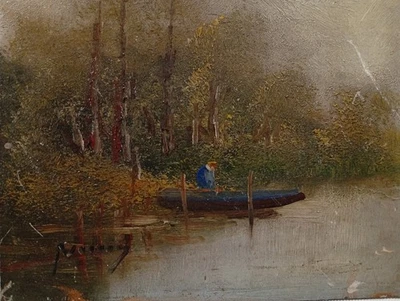 Huile sur panneau signée : pêcheur dans un paysage lacustre Barbizon - Photo 1/4
