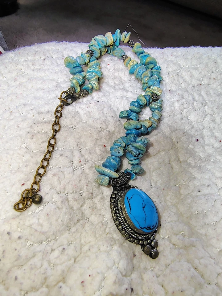 Boho Southwestern Necklace Genuine Turquoise Chip Beads Faux Turquoise Pendant - Image 2 of 4