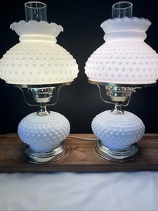 Set of 2 Vintage 16" Hobnail Milk Glass Hurricane Table Lamps Gone With The Wind
