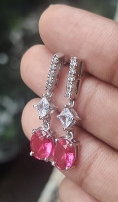 14K White Gold Plated 2CT Oval Cut Simulated Red Ruby Women Dangle Drop Earrings