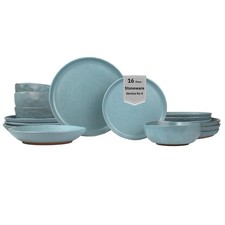 16-Piece Stoneware Dinnerware Set for 4, Semi-Matte Teal Plates and Bowls Set...