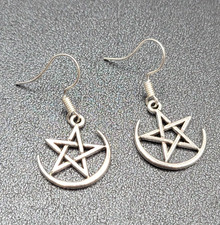 Pentagram Pierced Earrings Half Moon Star Silver tone Dangle 3/4"