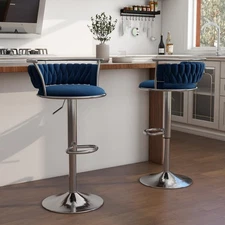 38.7 in Swivel Adjustable Silver Bar Stools w/ Navy Velvet Seat Cushion 2pc