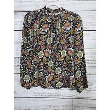 LOFT Outlet Women's Floral Blouse XS Blk Long Sleeve Boho Top Size XS