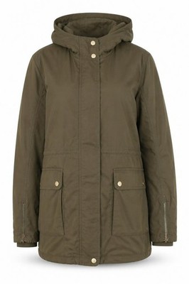 Mango Damen Parka Mantel Größe 8 Grün Mittellang Langarm Freizeit Kapuze Reißverschluss