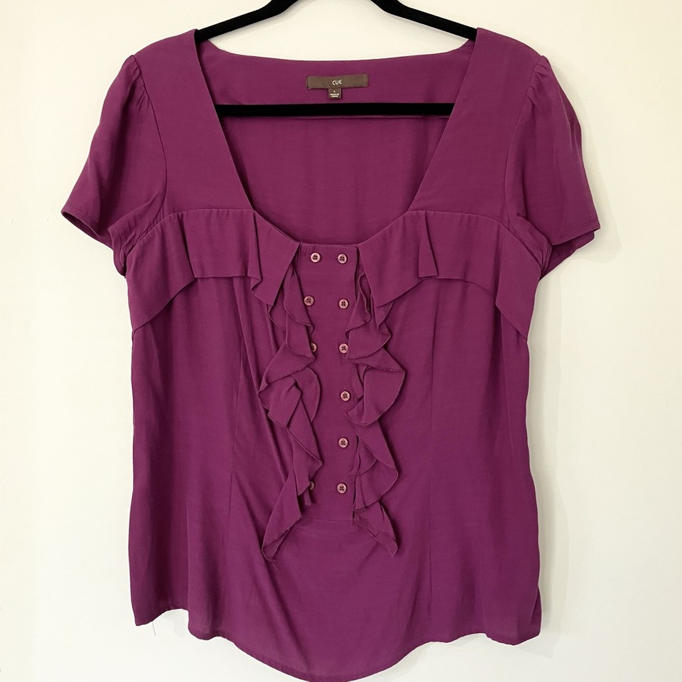 CUE Short Sleeve Blouse Size 12 Dark Purple Ruffle Corp Shirt Office Top As New