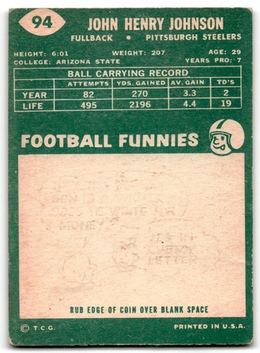 1960 Topps John Henry Johnson Pittsburgh Steelers #94 in VG to EX Condition - Picture 2 of 2