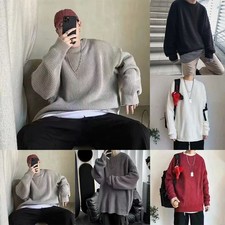 Men Knitted Sweater Casual Solid Color Loose Fit Base Layer for Layering