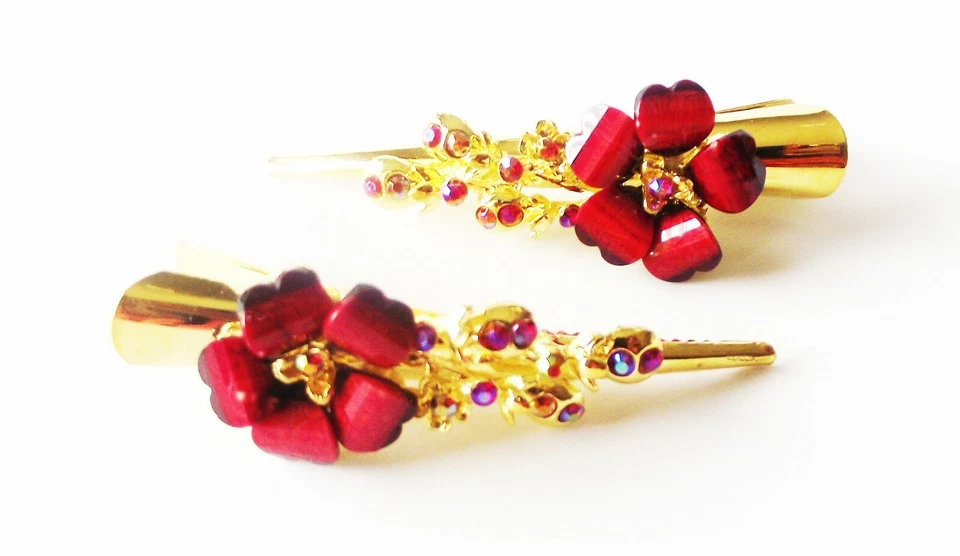 INSPIRADO EN EL DISEÑADOR PÚRPURA ROJO GEEEN CRISTAL FLORAL ORO PINZA PARA EL CABELLO GARRA NUEVO Foto 4 de 4