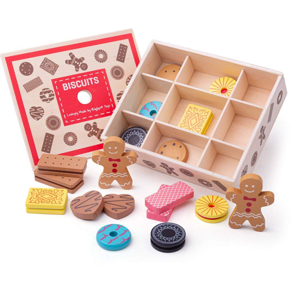 Bigjigs Toys Wooden Box of Biscuits Play Food - 9 Assorted Wooden Play Food Bisc