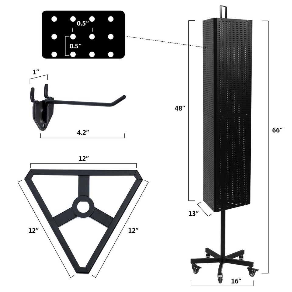 Triangular Metal Pegboard Panels Display with Base and Pole, Black