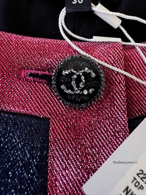 NWT 22K CHANEL METALLIC NAVY BLUE PINK CC BUTTONS CROP TOP JACKET