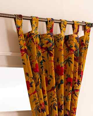 Mustard Bird Print Velvet Curtain, Boho Curtain, luxury Drapes Window Curtain