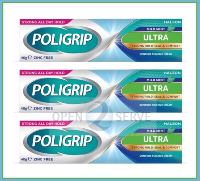 3x Poligrip Ultra Zahnersatz Fixiercreme starker Halt milde Minze zinkfrei - 40g