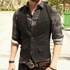 Herren Fischgrätenmuster Weste Wollmischung Tweed V-Neck Top Slim Fit Vintage