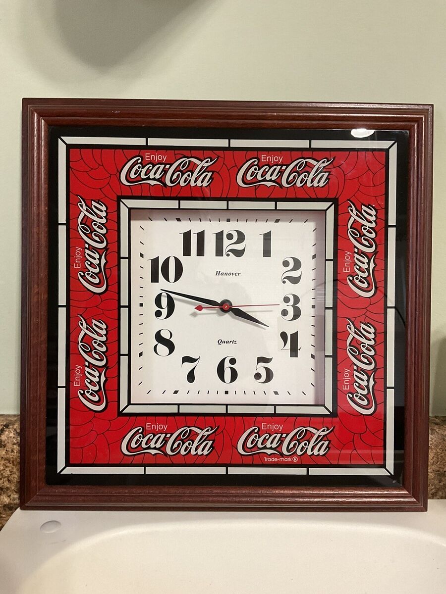 Vintage Large Hanover Coca-Cola Clock Square Wood Frame 14 X Vintage Large Hanover Coca-Cola Clock Square Wood Frame 14 X