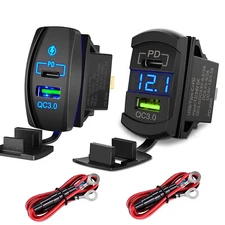 FXC Rocker Switch USB Type C Charger Socket Dual PD and QC 3.0 12V LED Voltmeter