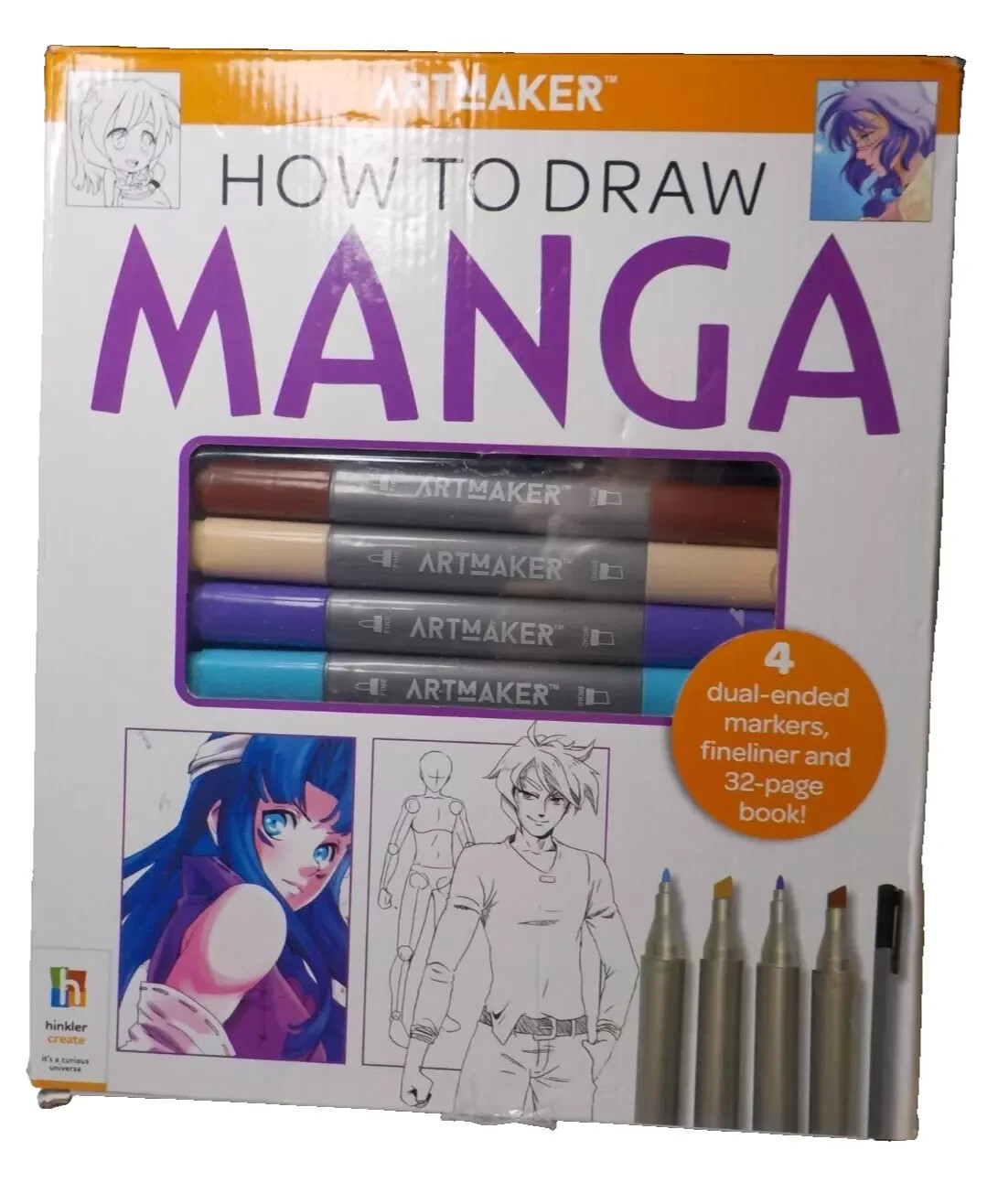 ArtMaker HOW TO DRAW MANGA: 4 Dual-Ended Manga Markers, Fineliner, 32 Page Book!